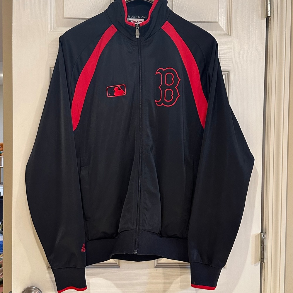 Majestic MLB Boston Red Sox Track Jacket Mens Navy‎ Blue Red Full Zip Warm Up L